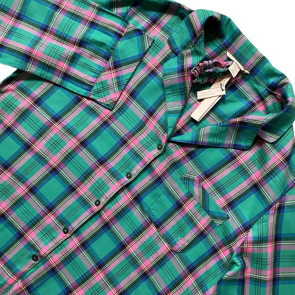 Victoria's Secret Pajama Shirt Size L & Hair Scrunchie Green Pink Plaid Flannel - Picture 2 of 10
